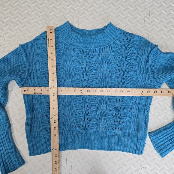 Free People Sweater Womens XS Bell Song Cropped Turqoise Blue Chunky Knit Boho - Picture 9 of 11